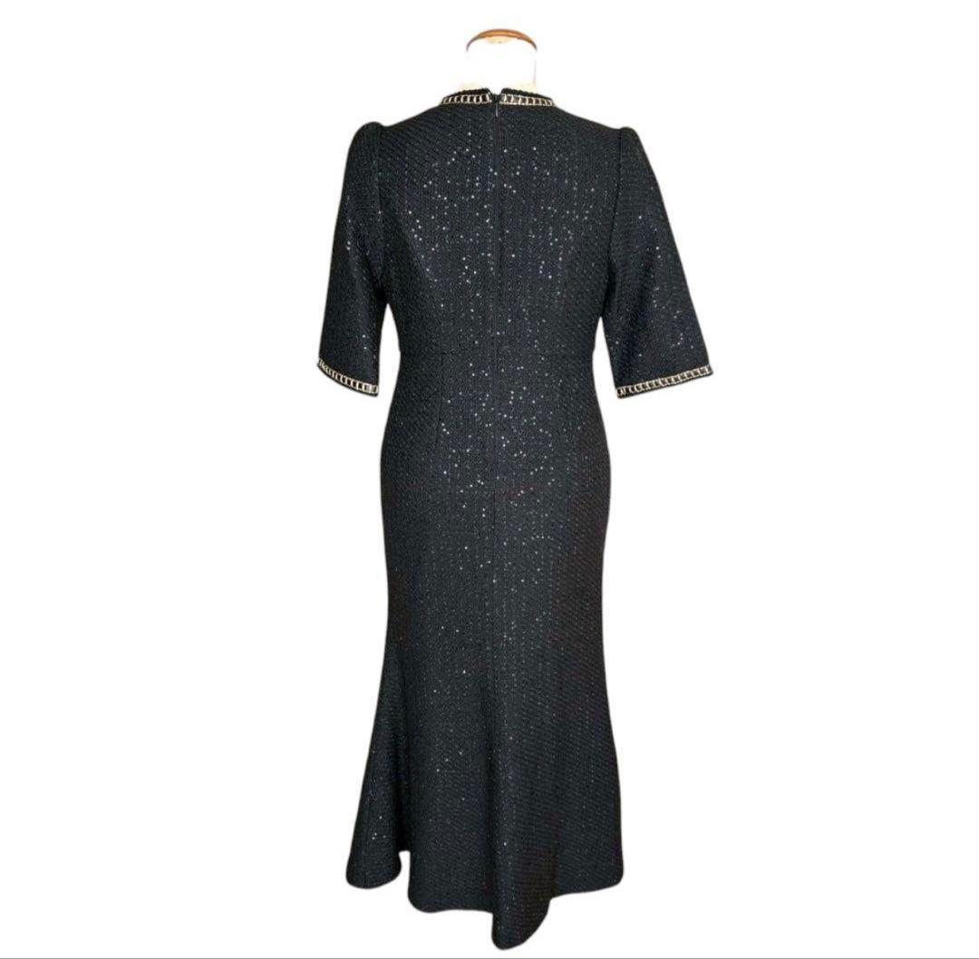 今週まで！Leja ラメ混ツイードレザーパイピングマーメイドロング丈ドレス