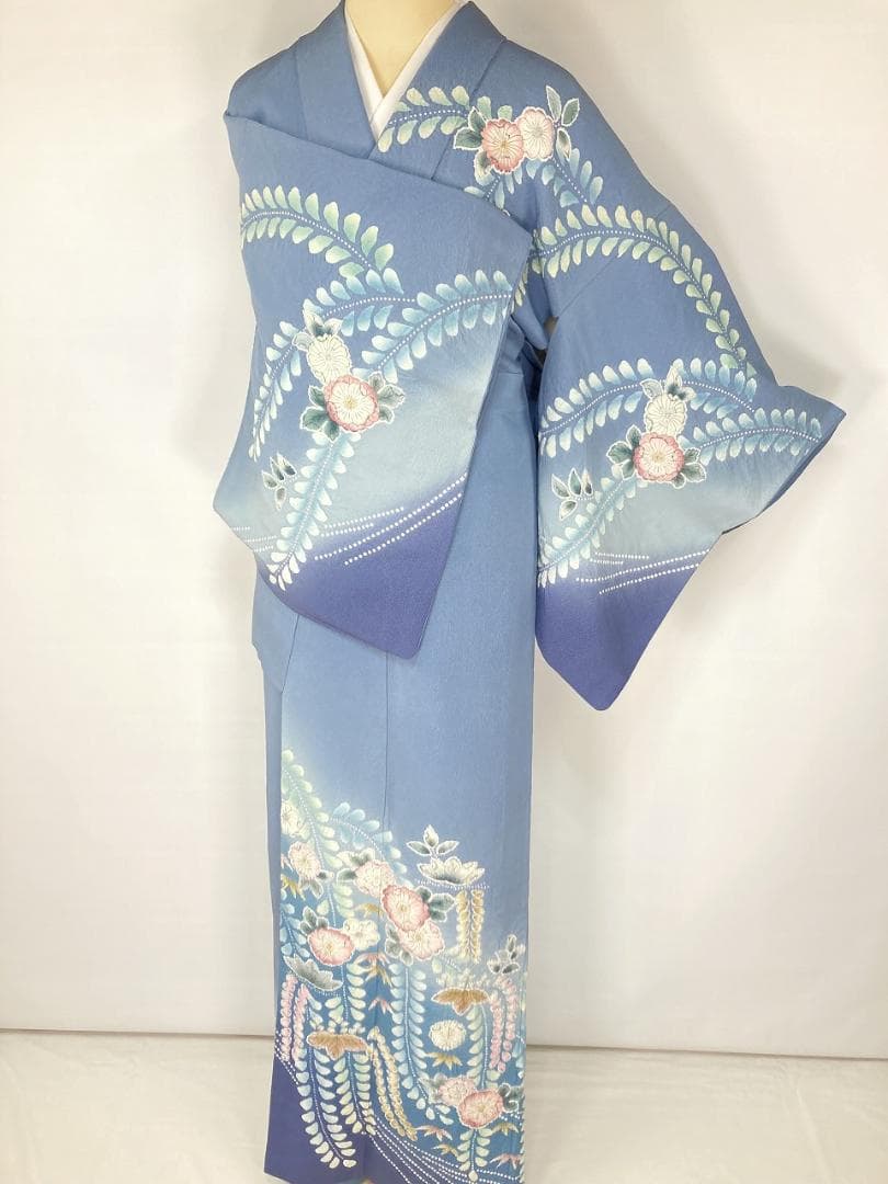 作家物 辻が花 絞り 辻ヶ花 訪問着 正絹 袷 水色 青 ブルー ピンク1396