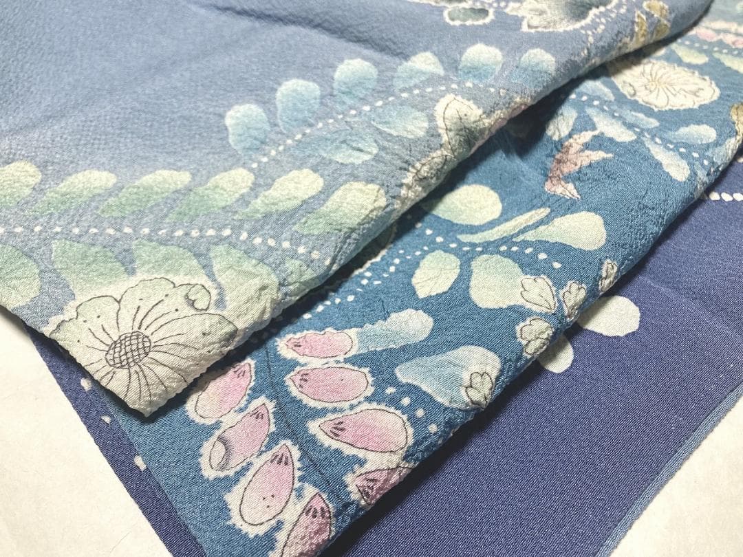 作家物 辻が花 絞り 辻ヶ花 訪問着 正絹 袷 水色 青 ブルー ピンク1396