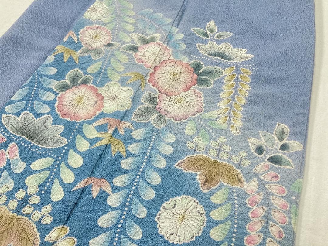 作家物 辻が花 絞り 辻ヶ花 訪問着 正絹 袷 水色 青 ブルー ピンク1396
