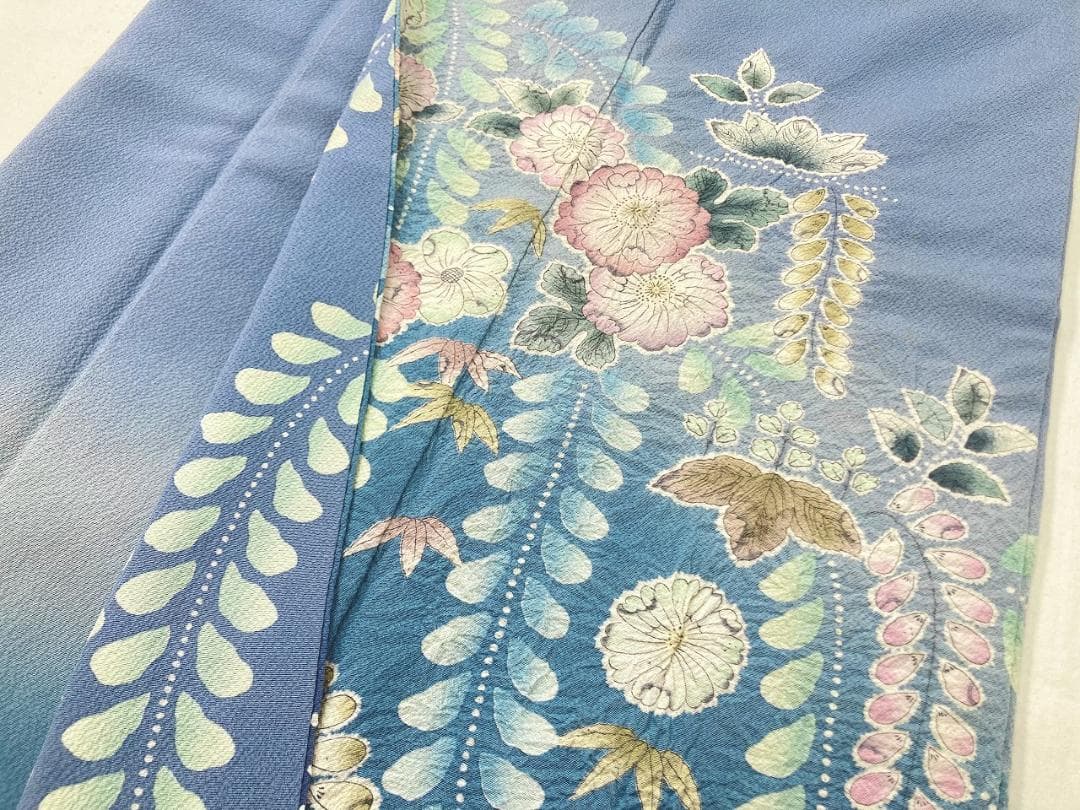 作家物 辻が花 絞り 辻ヶ花 訪問着 正絹 袷 水色 青 ブルー ピンク1396