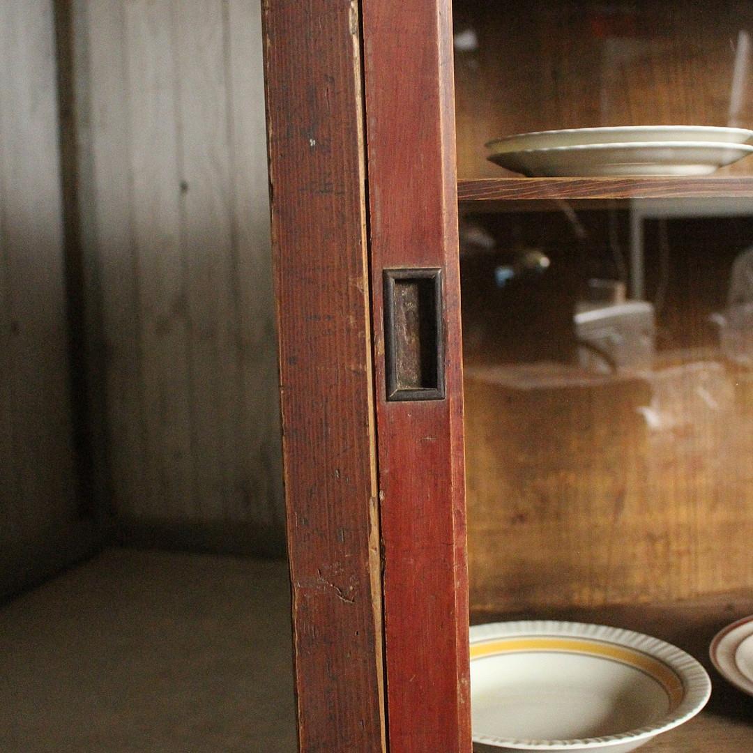 古く味のあるガラス戸棚　木製引き出し　食器棚　水屋　カウンター　古家具