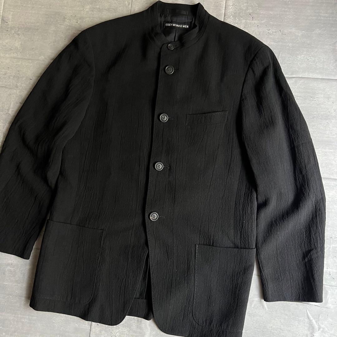 イッセイミヤケメン　リネン×ウール　シワ加工　マオカラー　ジャケット　Mサイズ