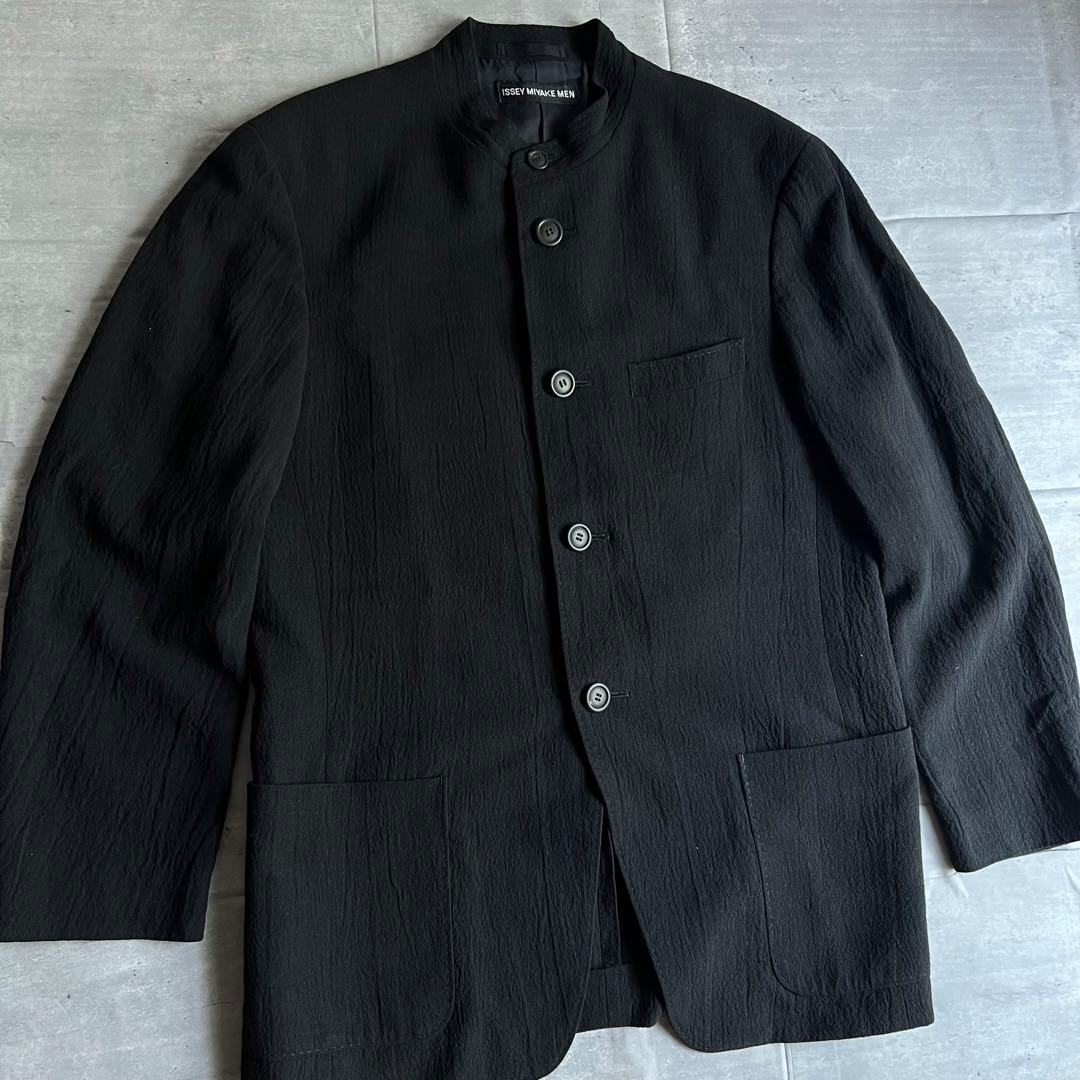 イッセイミヤケメン　リネン×ウール　シワ加工　マオカラー　ジャケット　Mサイズ