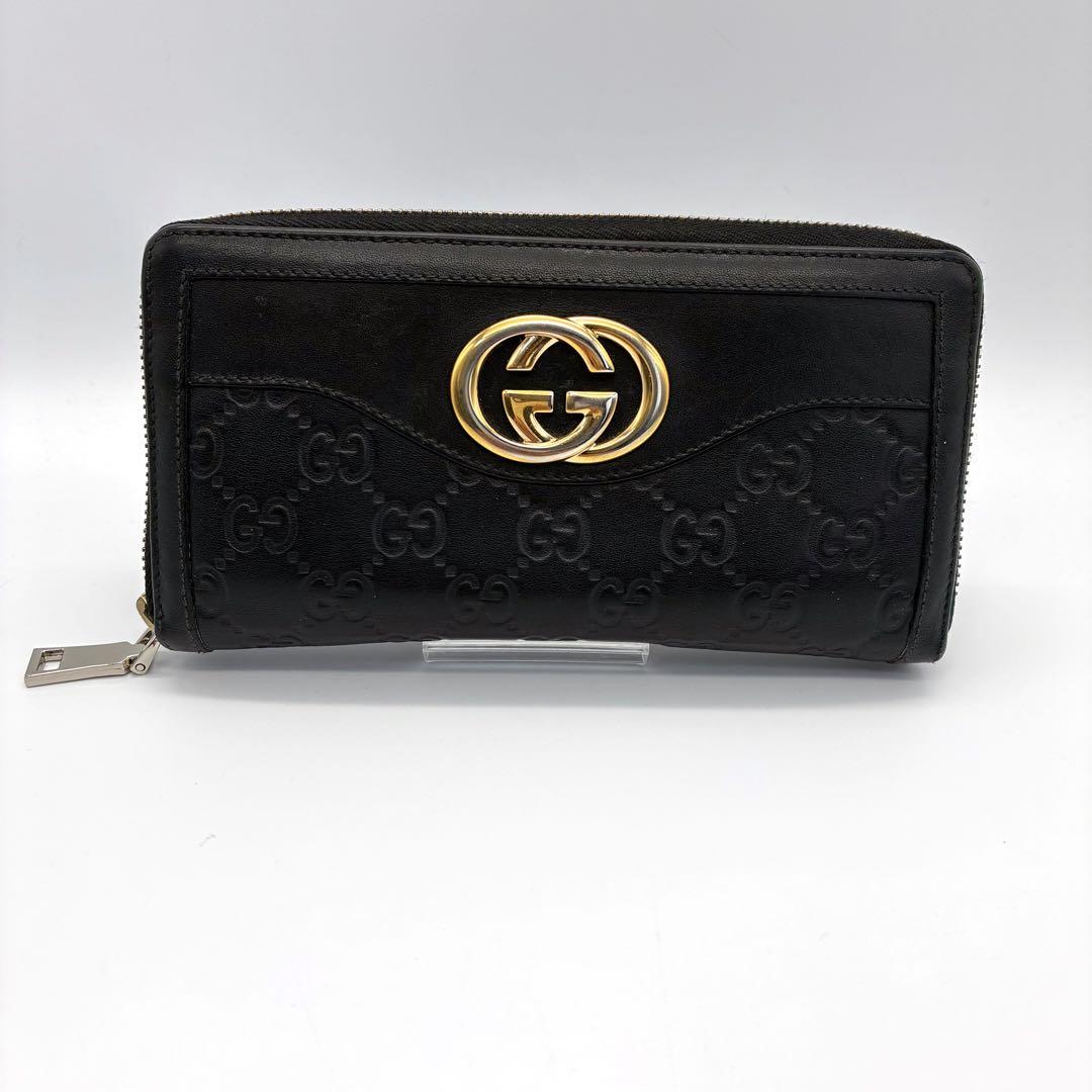 GUCCI グッチ スーキー ラウンドファスナー 長財布 シマレザー ブラック