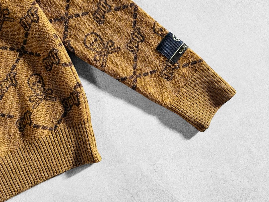 美品 MARK&LONA 縮絨ウール 総柄クルーネックニット 36 日本製