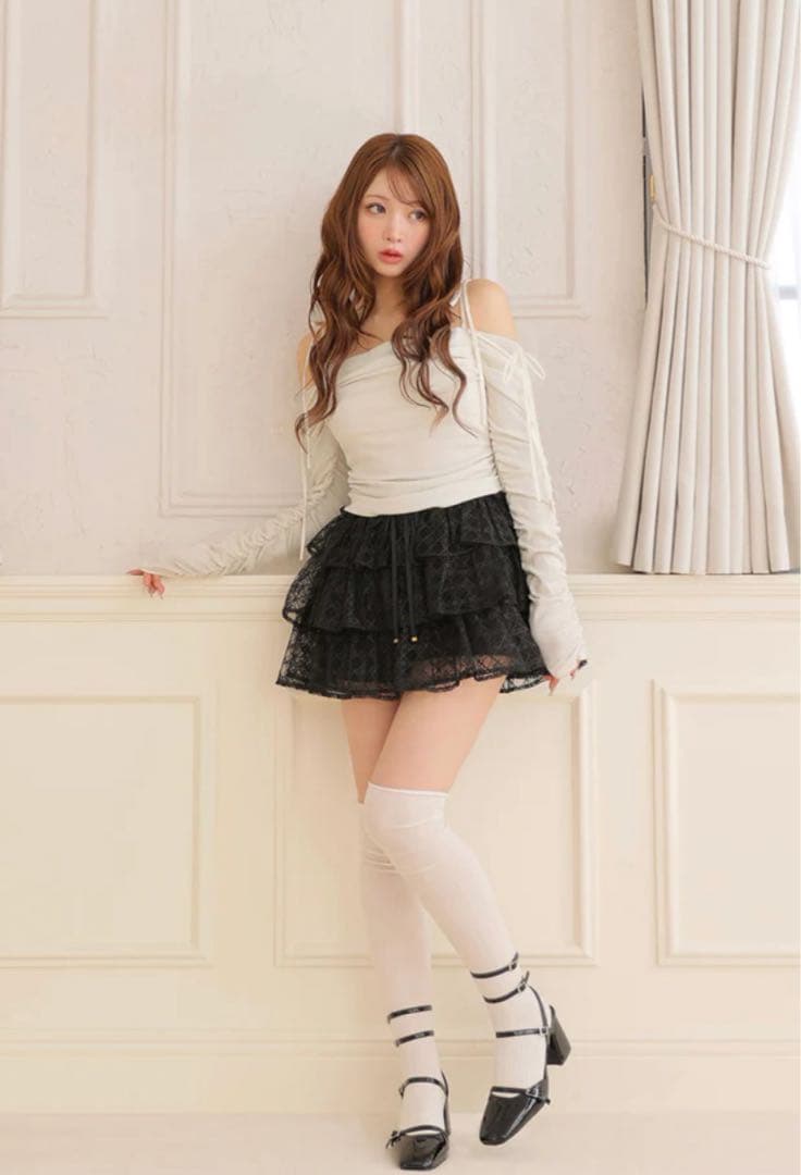 スカート Check embroidery tiered mini skirt