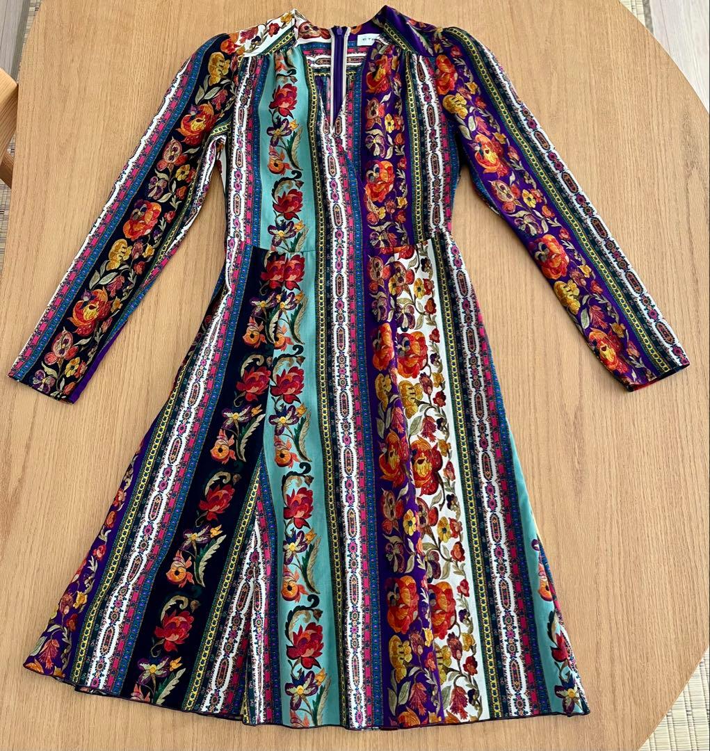 あ*鹿様 エトロ　美品　花柄ストライプマルチカラー長袖ワンピース