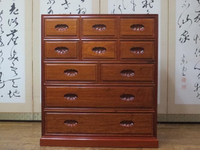 美品 総唐木 花梨 無垢材 10杯 抽斗 民芸 箪笥/チェスト/整理タンス