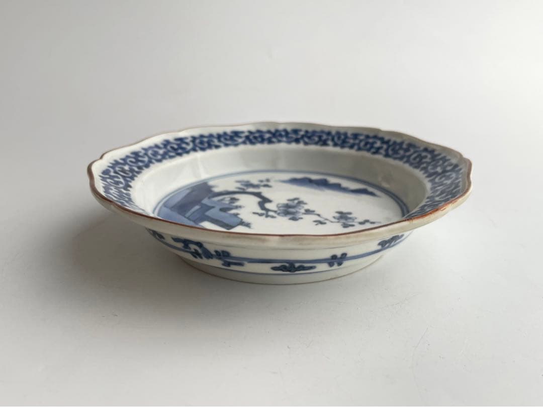 骨董　アンティーク　藍柿右衛門　梅図　蛸唐草文　輪花縁　膾皿　向付　縁錆