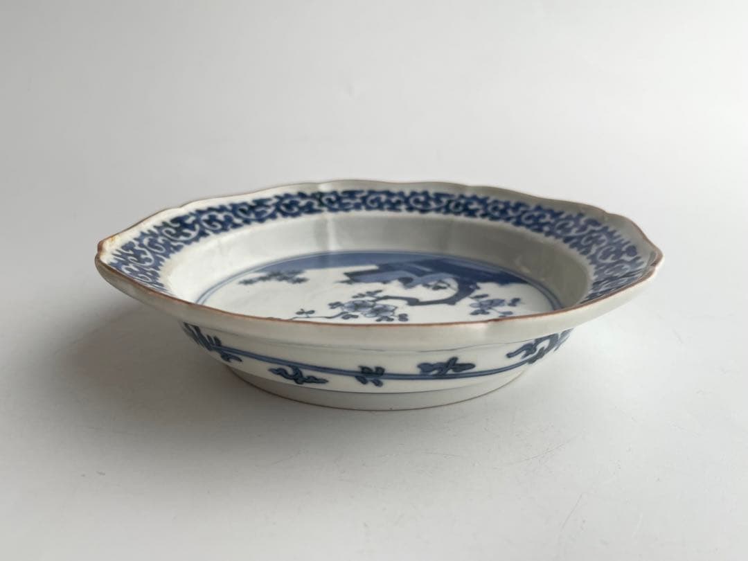 骨董　アンティーク　藍柿右衛門　梅図　蛸唐草文　輪花縁　膾皿　向付　縁錆