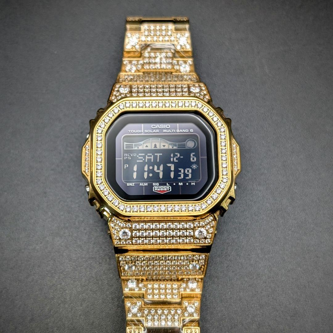 美品 GWX5700 電波ソーラー タイドグラフ ダイヤ装飾ゴールドフルメタル