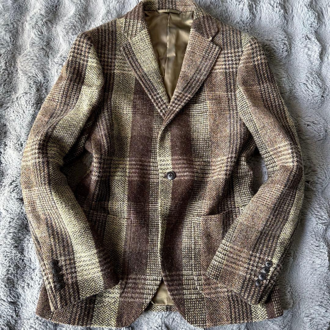 美品 ハリスツイード ヘリンボーン パッチワーク チェック テーラードジャケット