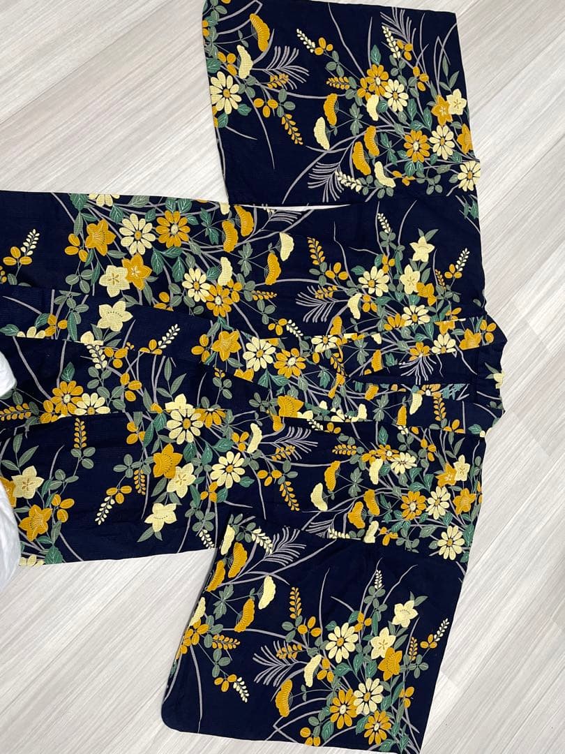 レディース浴衣　夢工房 II 浴衣・帯セット　黄色　花　濃紺　ネイビー　黄色