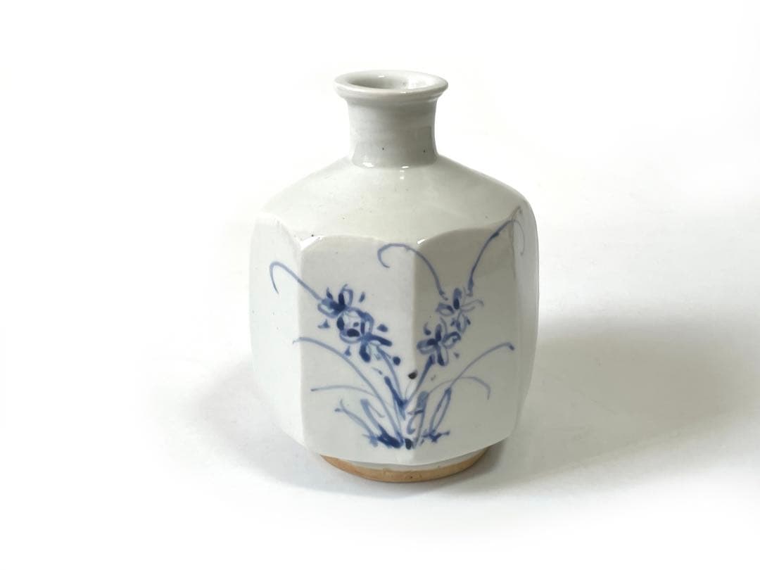 陶芸家　作家物　松尾貞一郎　貞土窯　染付　徳利　花文様　面取　李朝　写　共箱