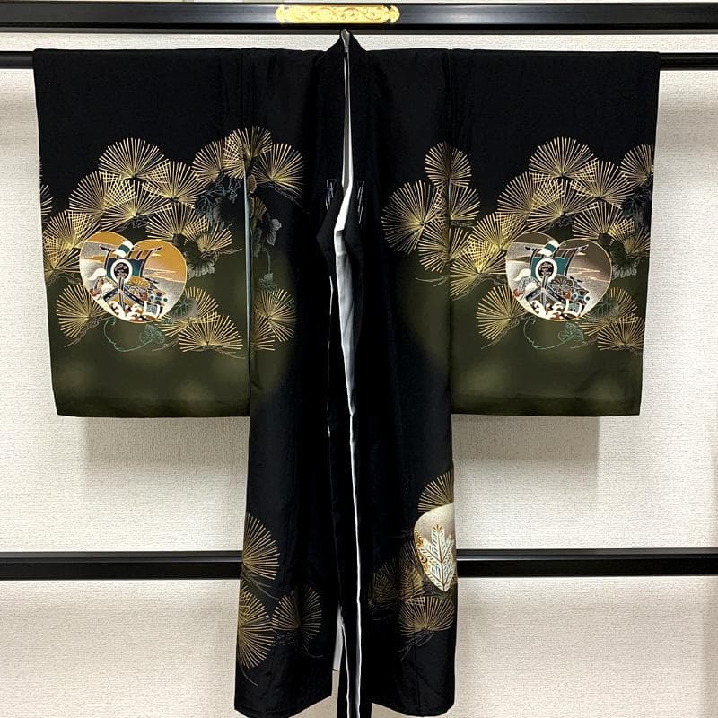 502ay53□お宮参り 男児 祝い着 着物 長襦袢付 金彩 龍に兜 松 黒□