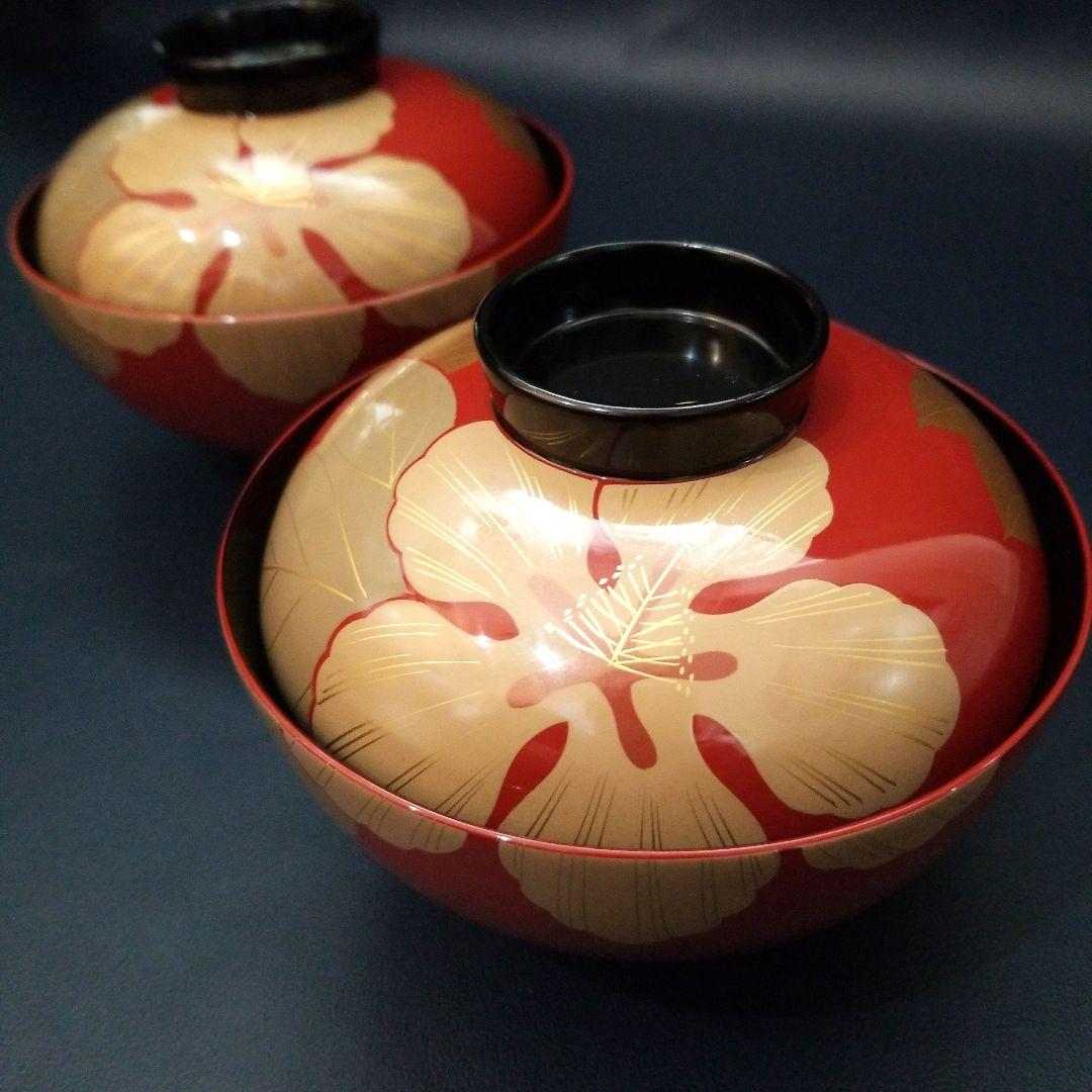 能登輪島塗 朱漆内黒 芙蓉花蒔絵のお椀 5客