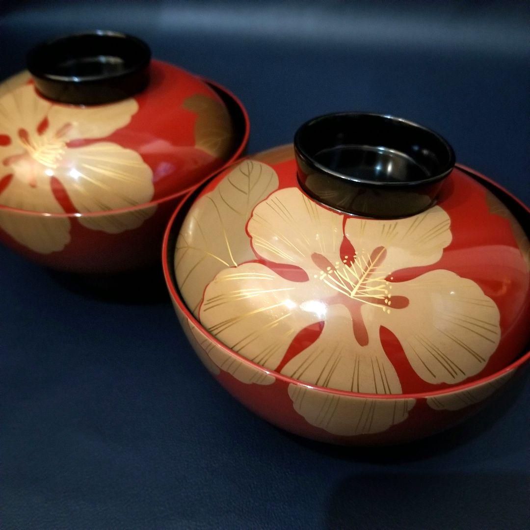 能登輪島塗 朱漆内黒 芙蓉花蒔絵のお椀 5客