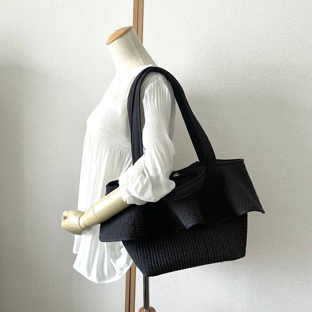 フリル付きヌビトートバッグ　2way ブラック　ヌビバッグ　ハンドメイド