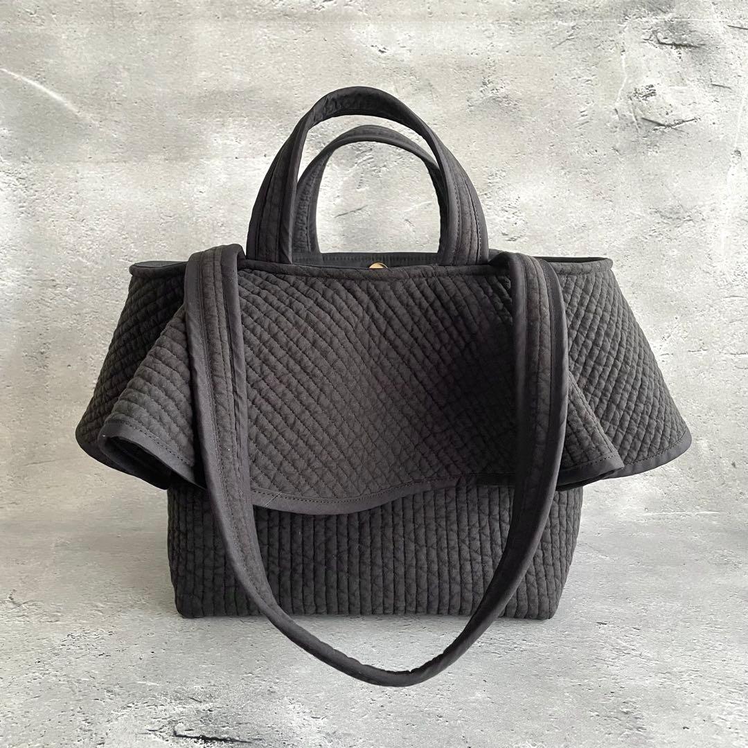 フリル付きヌビトートバッグ　2way ブラック　ヌビバッグ　ハンドメイド