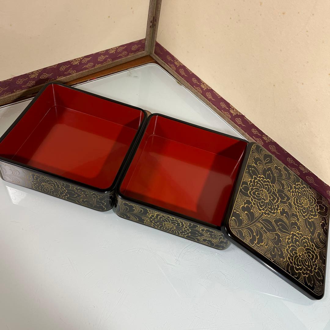 木製漆　輪島塗　沈金牡丹彫　2段重箱