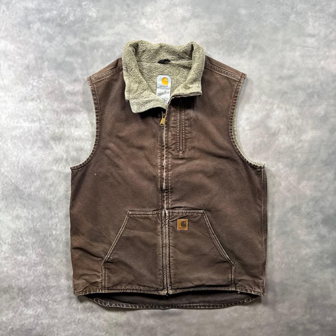 カーハート古着00s裏ボアダックベスト ブラウン茶フェード L Tall T97
