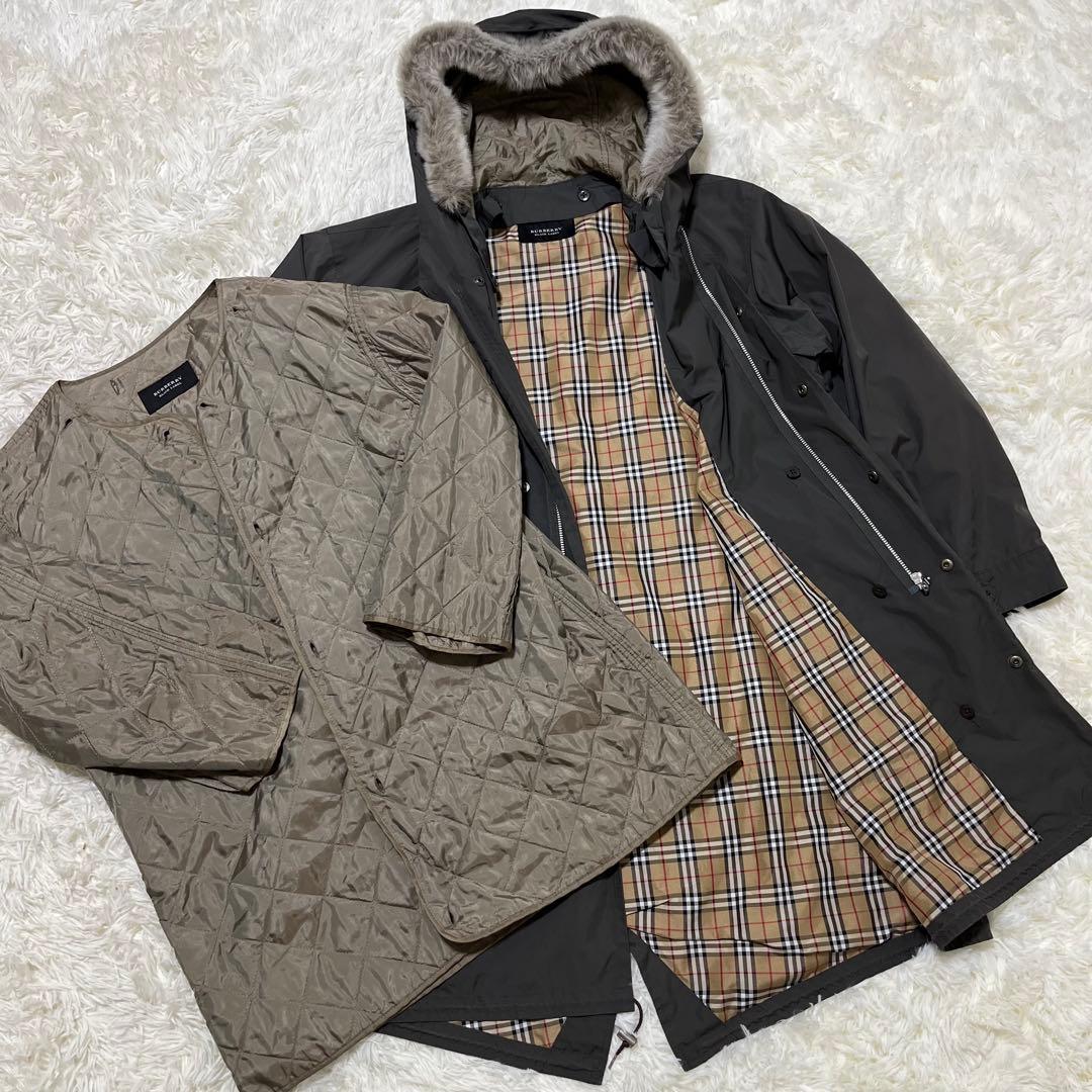バーバリーブラックレーベル モッズコート ノバチェック ライナー ラビットファー