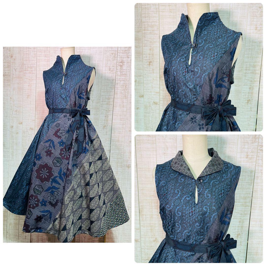 着物リメイク＊数種類の正絹大島紬で立ち襟＆テントラインワンピースＭ〜Ｌ