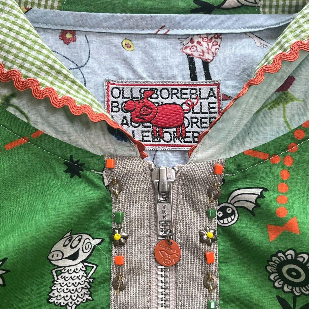 美品 アルベロベロ ぶたさん パーカー ブルゾン ビジュー　異素材 綿麻 七分袖