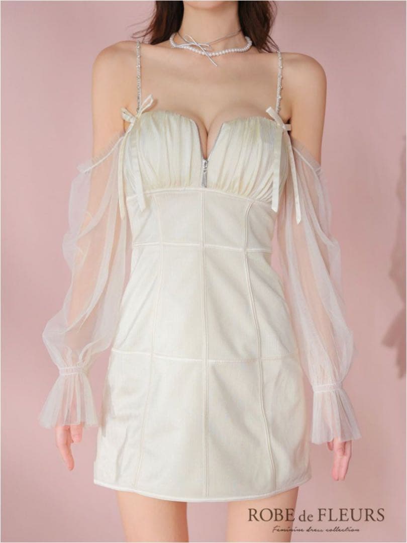 ROBE de FLEURS ラメチュールシアーオフショルミニキャバドレス M