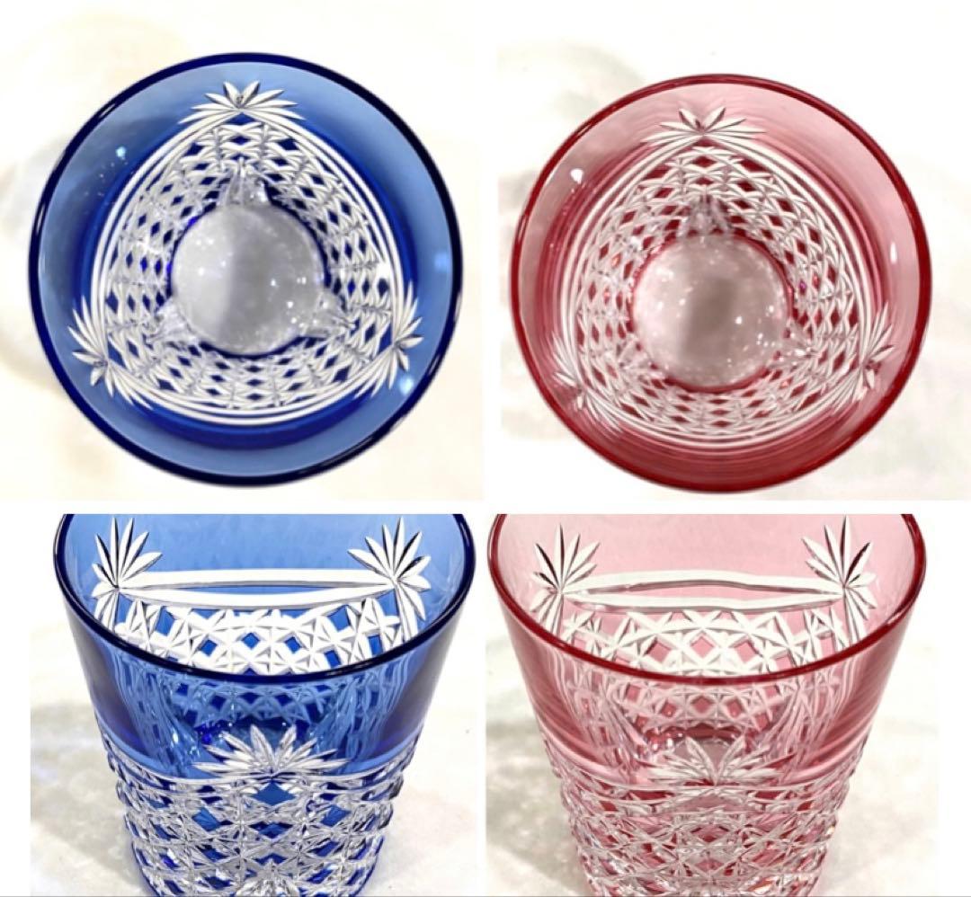 江戸切子／カガミクリスタルの重厚な　”幕襞に四角籠目紋”　ペアロックグラス