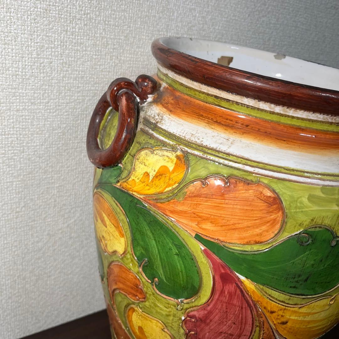 イタリア 傘立て 手彫り　テラコッタ　手描き アンティーク