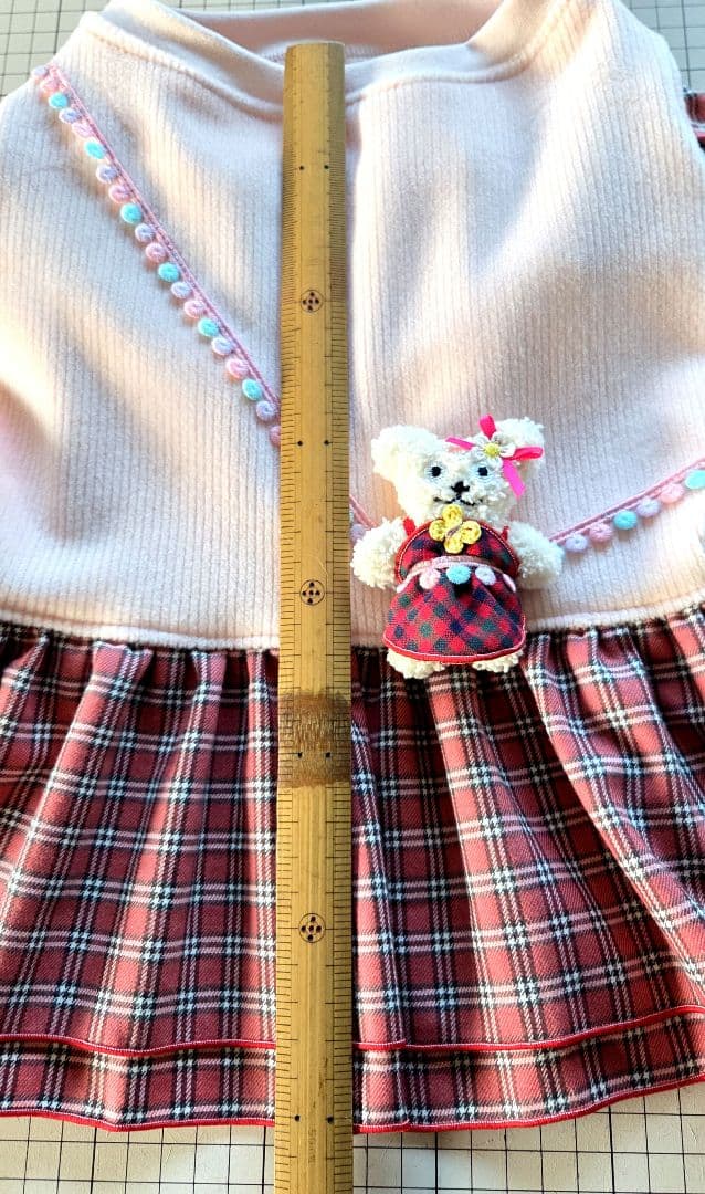 ハンドメイド　犬服 暖か❗キュートなピンクチェックフリルワンピース