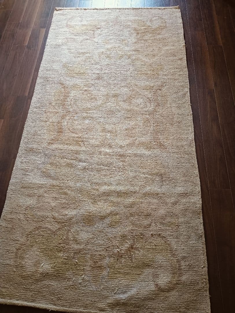 アンティーク緞通　苔色の古びた緞通のラグ　赤穂　堺　鍋島　屋敷　大正ロマン