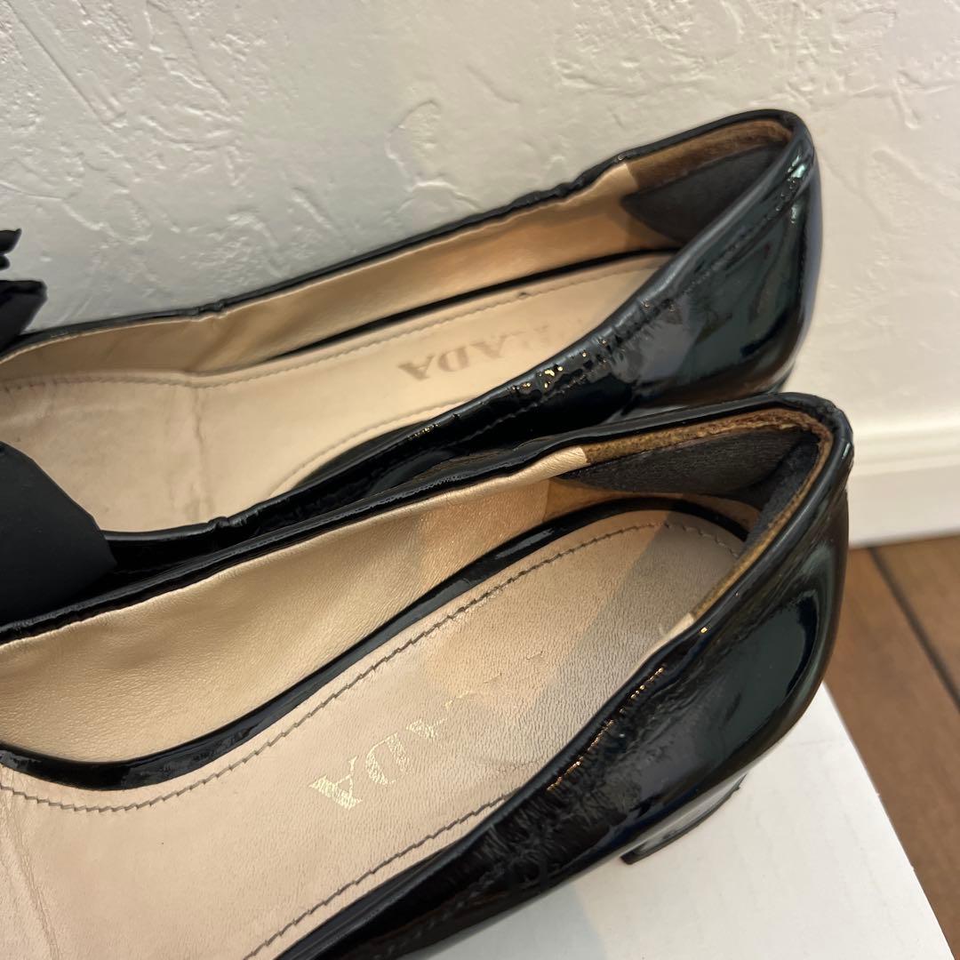 プラダ リボン バレエシューズ ロゴ フラットシューズ 36 ブラック