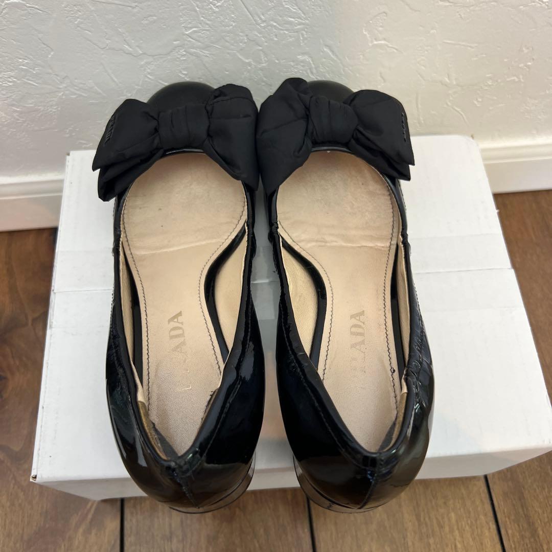 プラダ リボン バレエシューズ ロゴ フラットシューズ 36 ブラック