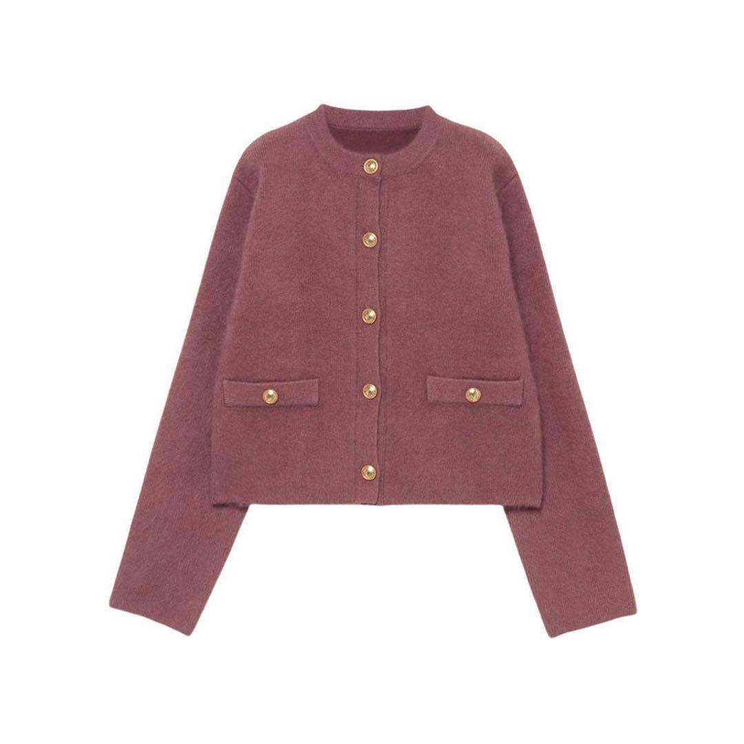 ラクーンブレンドノーカラーニットジャケット ダークピンク