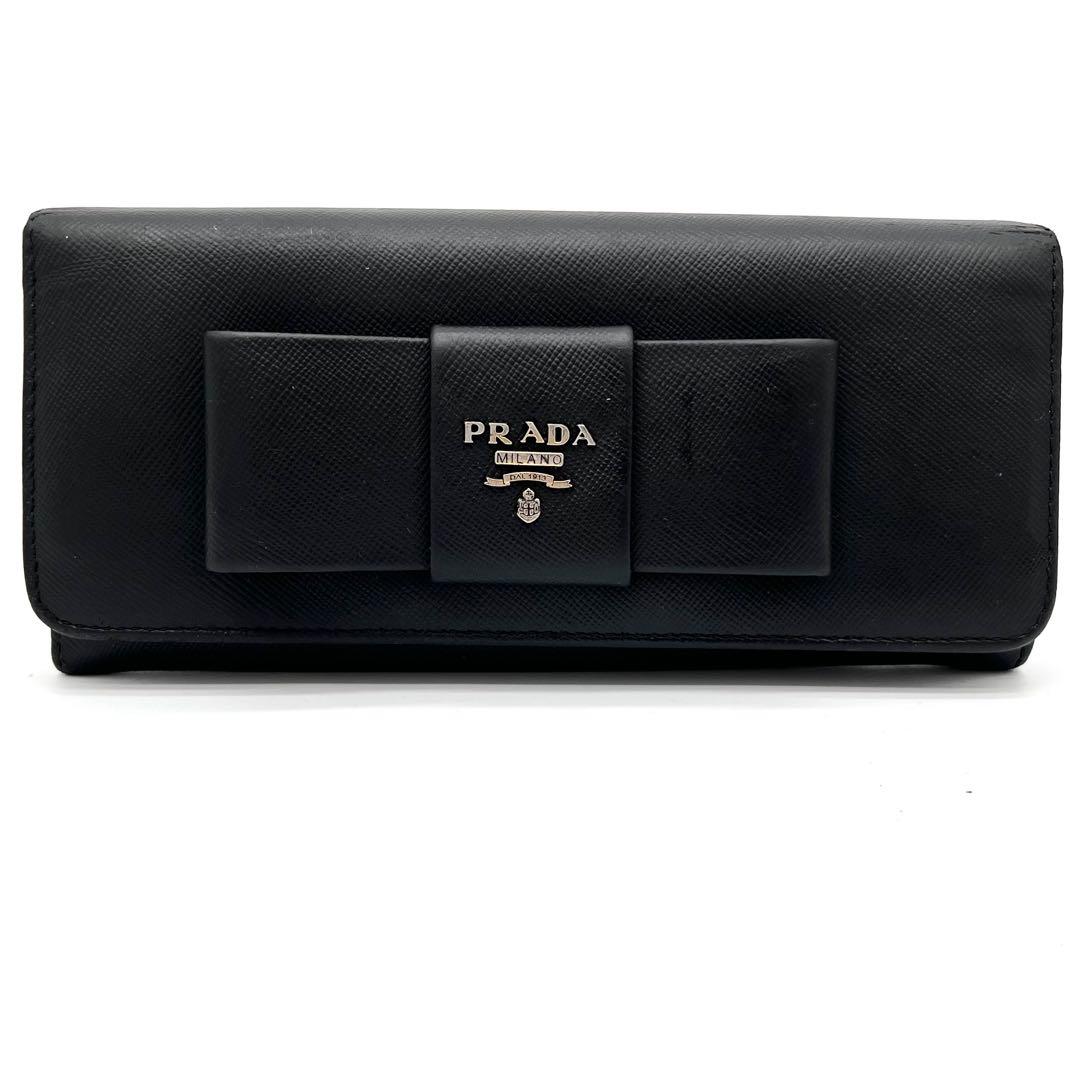 【美品】PRADA 長財布　サフィアーノレザー リボン　バイカラー　黒　ピンク