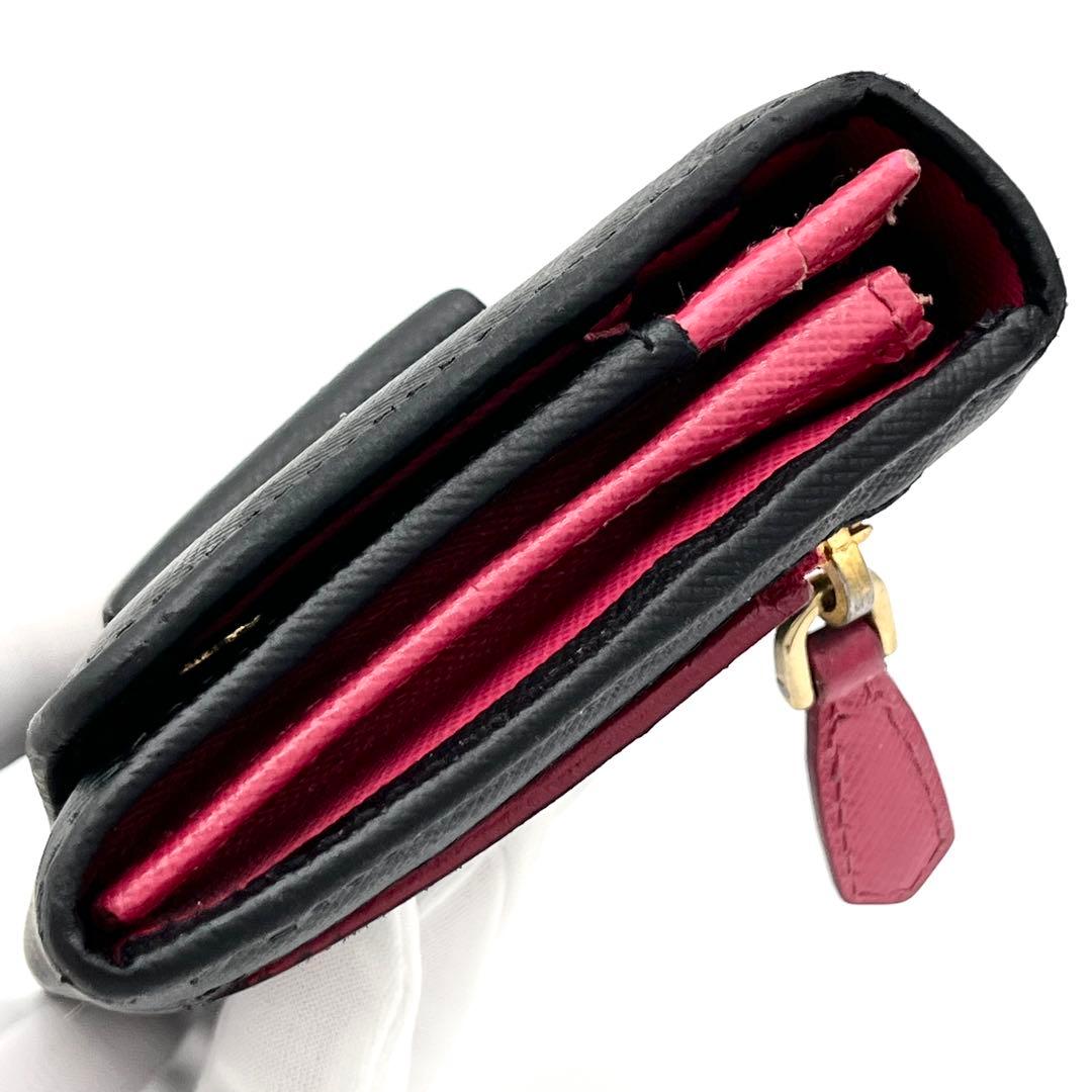 【美品】PRADA 長財布　サフィアーノレザー リボン　バイカラー　黒　ピンク