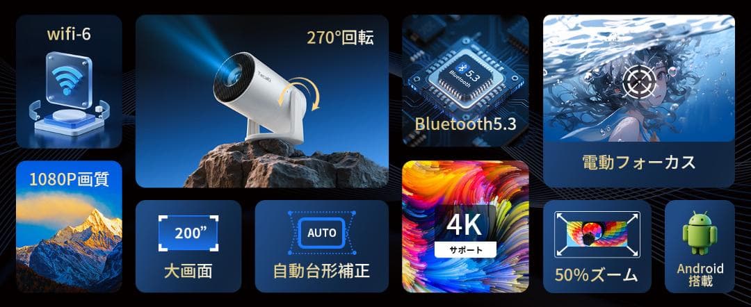 ポータブルプロジェクター 270度回転 4Kサポート