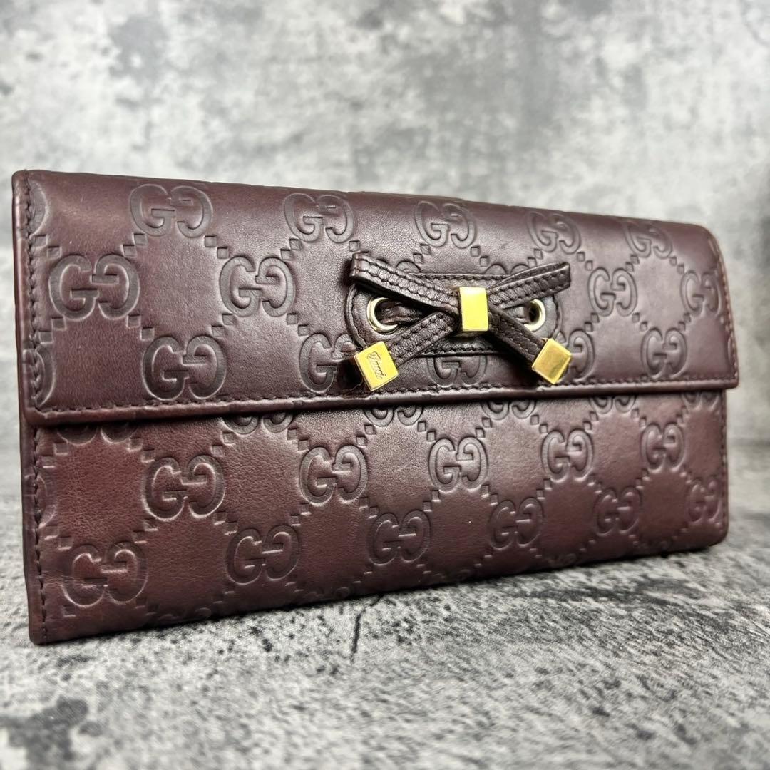 GUCCI GGシマ レザー リボン 二つ折り長財布 ブラウン Wホック