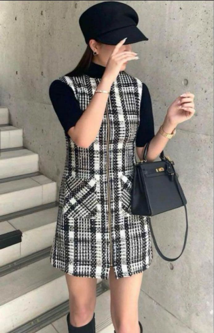 【極美品】シェリエ　Sheller フロントZIPツイードドレス　黒　白