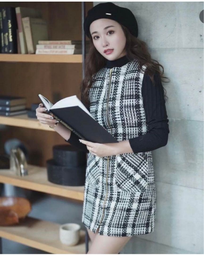 【極美品】シェリエ　Sheller フロントZIPツイードドレス　黒　白