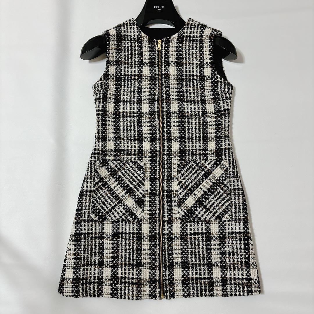 【極美品】シェリエ　Sheller フロントZIPツイードドレス　黒　白