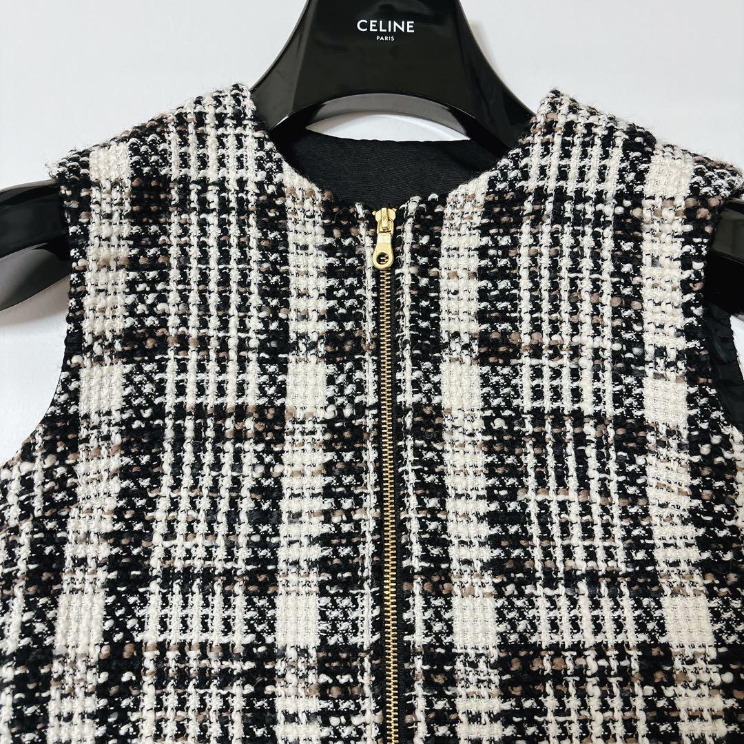 【極美品】シェリエ　Sheller フロントZIPツイードドレス　黒　白