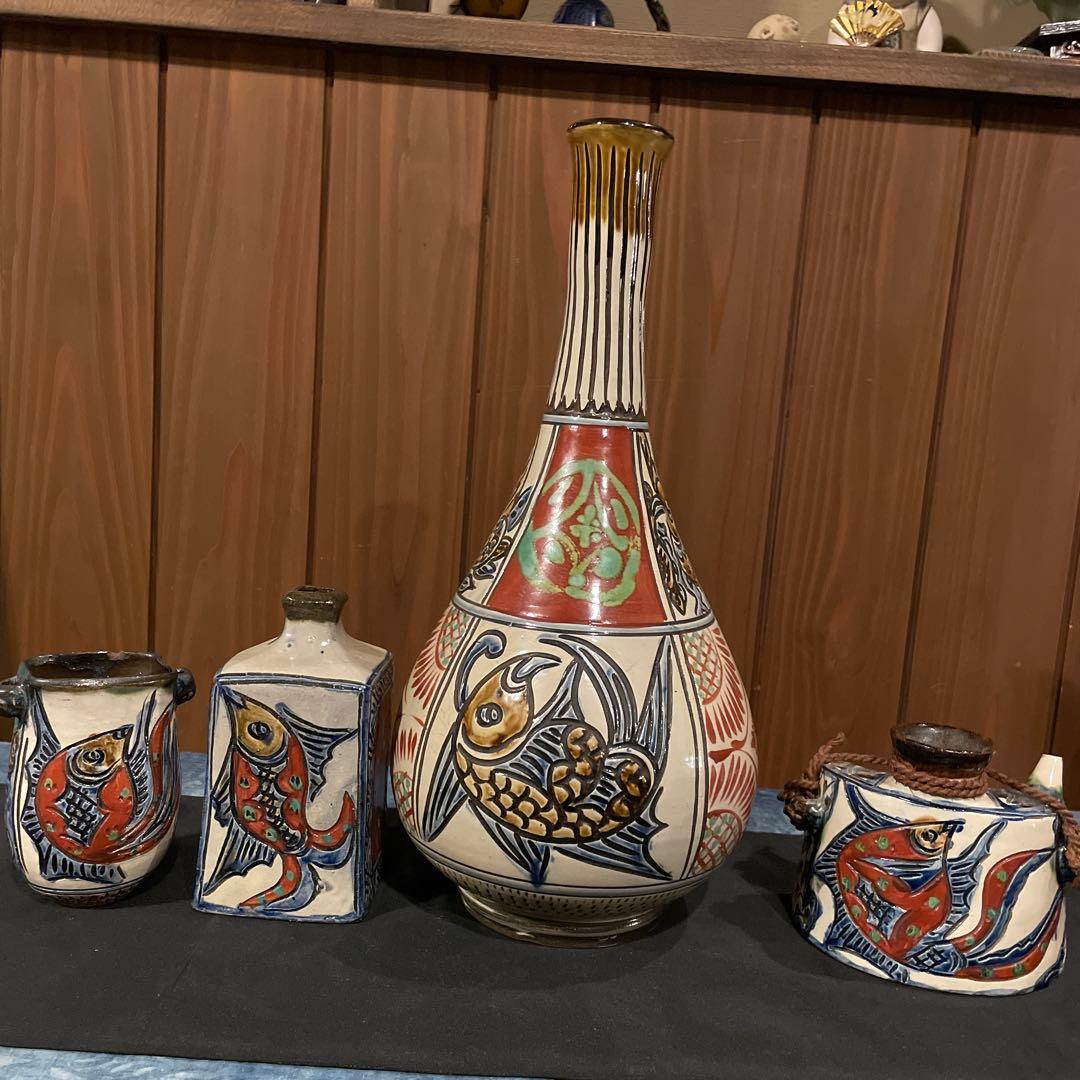 壺屋焼【4点セット】新垣勲作　【45センチ】花瓶・小花瓶　新垣窯　花瓶・抱瓶