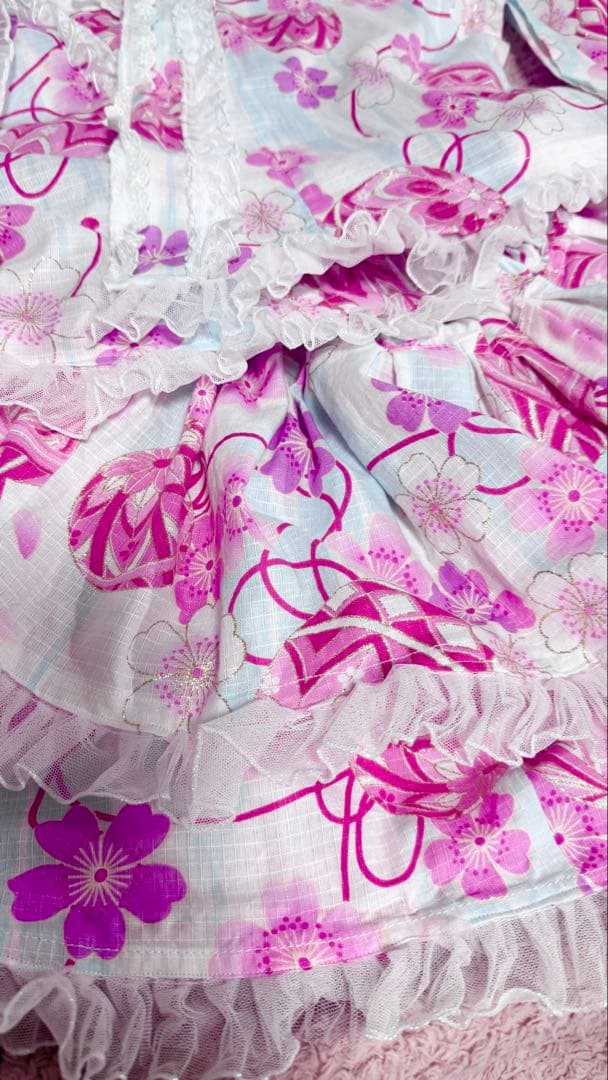 浴衣ドレス 花柄キラキラ 大人用浴衣 ピンク姫ギャル ロリータ 量産型 フリフリ