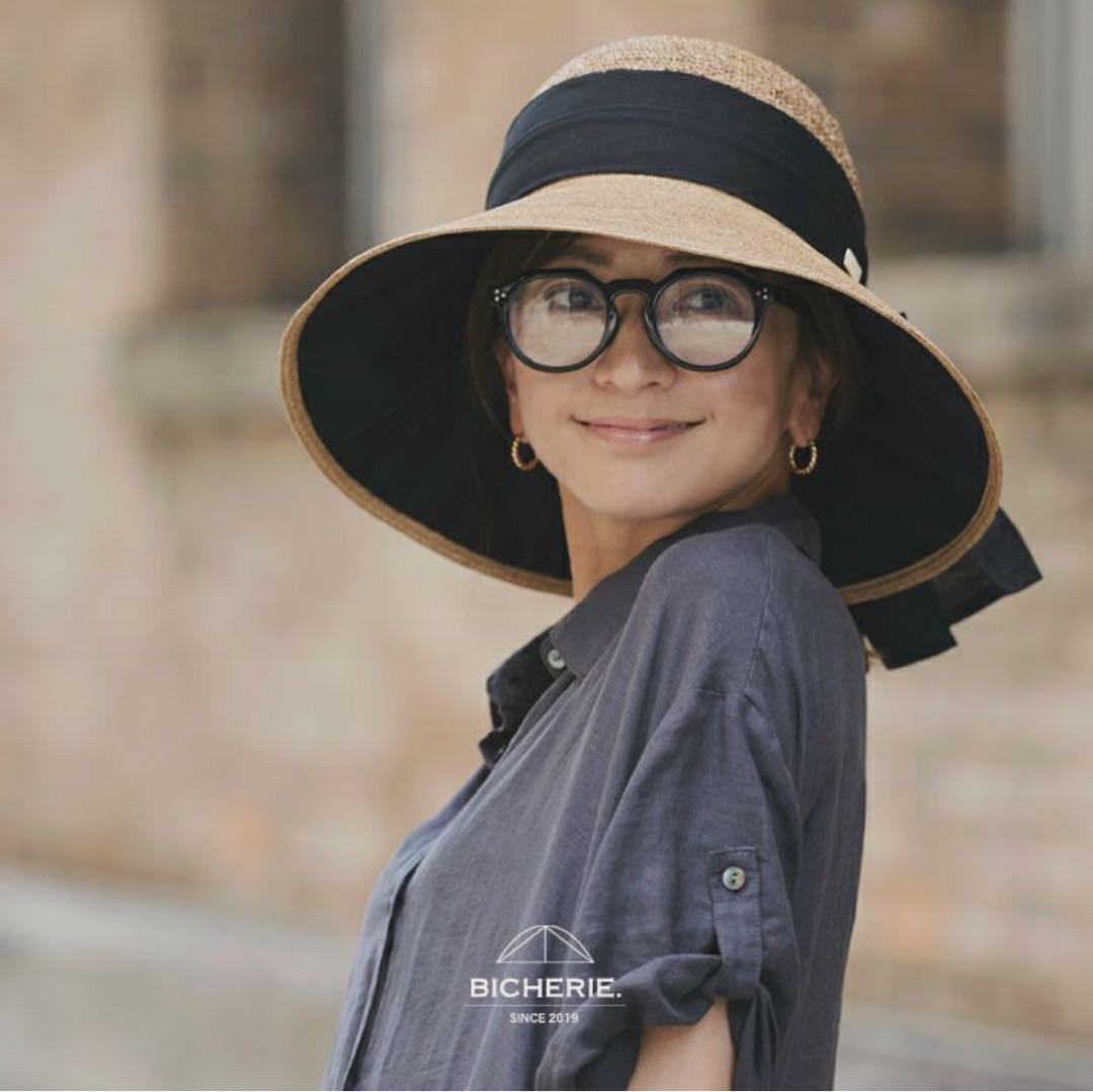 【美品】BICHERIE　ビシェリ　100%遮光　麦わら帽子　ハットリボンつば広