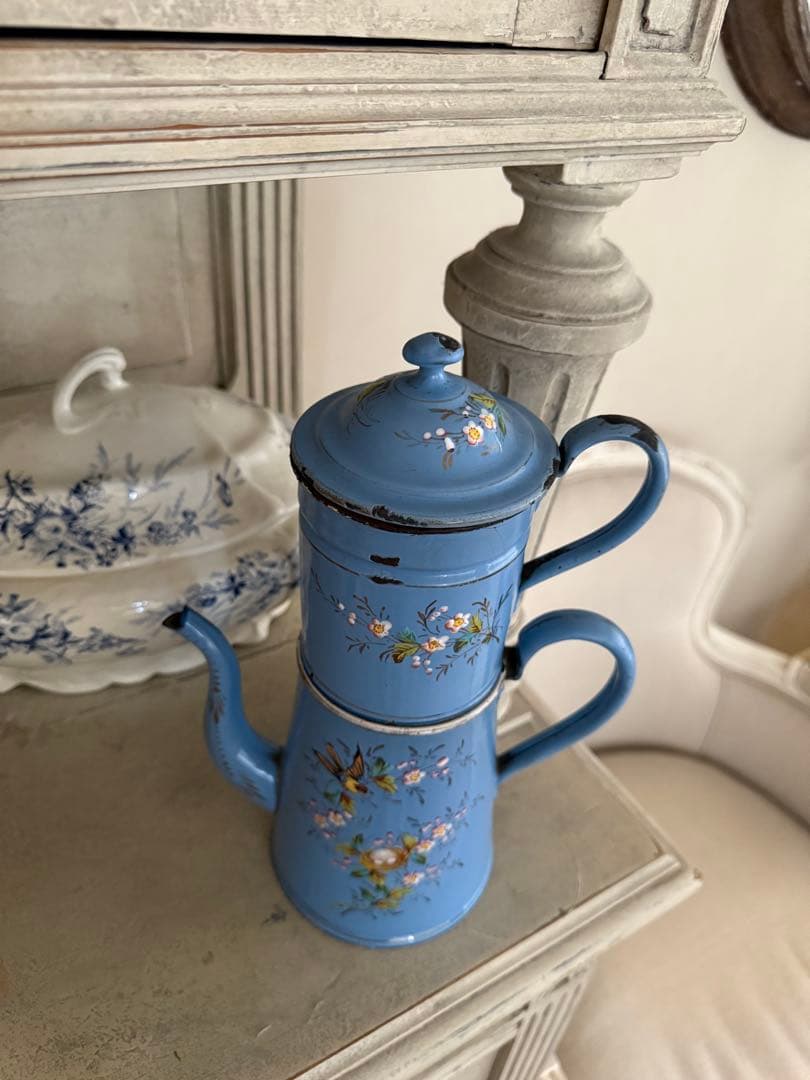 フランスアンティークレア!エトワール社小鳥と鳥の巣水色ホーローカフィティエール