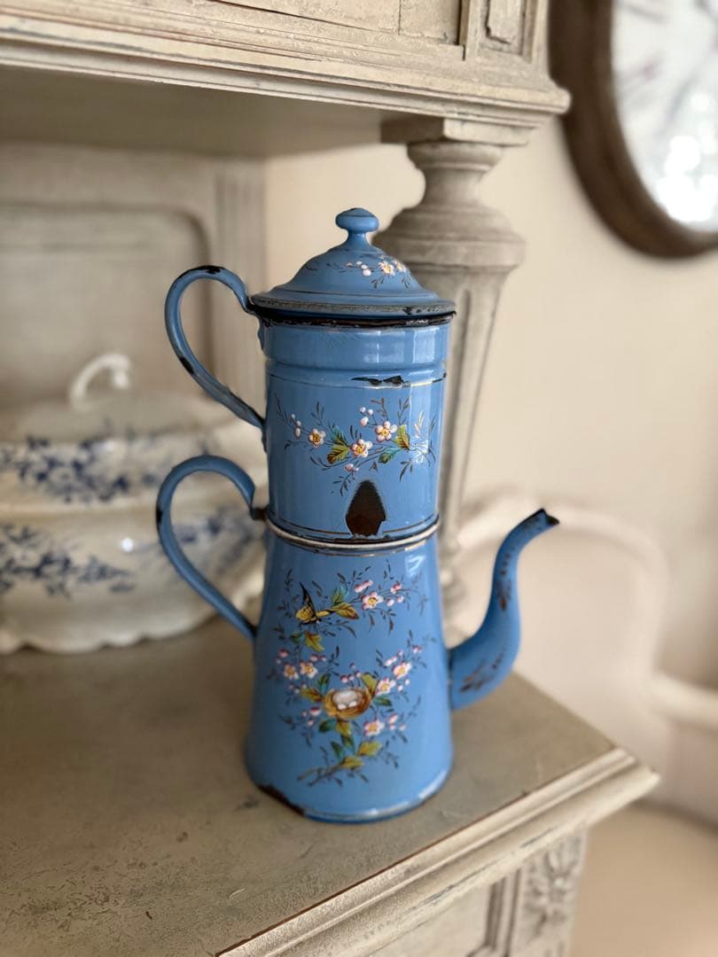 フランスアンティークレア!エトワール社小鳥と鳥の巣水色ホーローカフィティエール